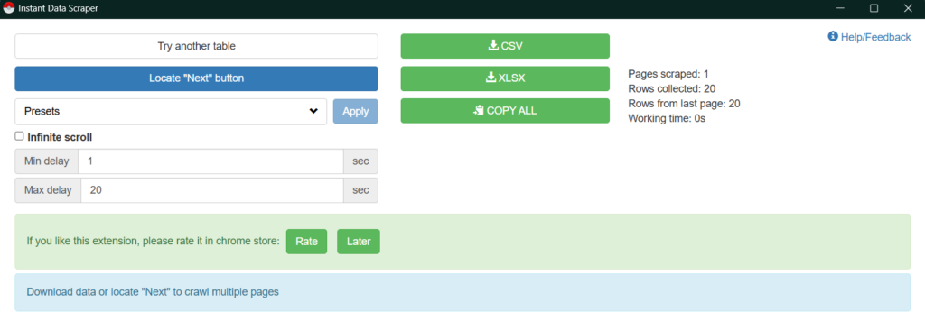 web scraping with Instant Data Scraper